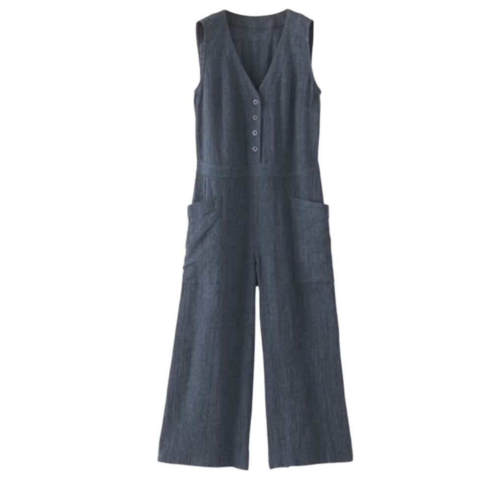 POETRY Dark Indigo Linen Blend Cropped Wide Leg Jumpsuit US 8 - Picture 2 of 12